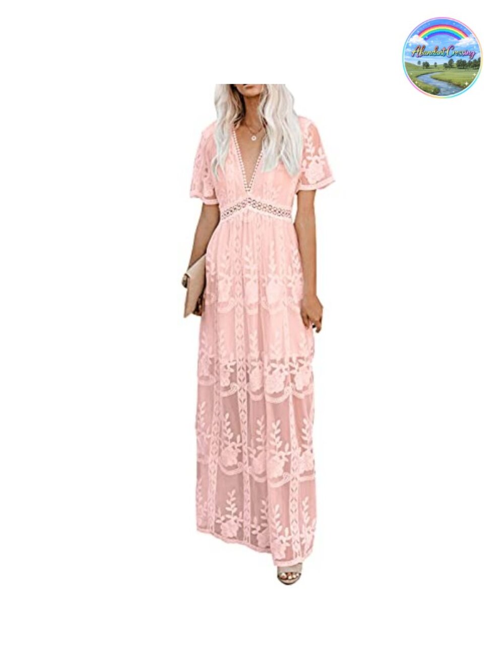 Womens Floral Lace Deep V Neck Short Sleeve Maxi Bridesmaid Dress